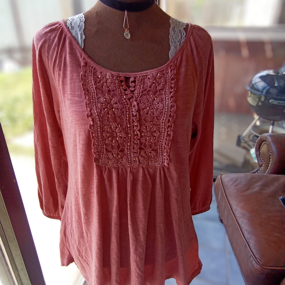 OneWorld Women's Rose Pink Lace Crochet Top NWT